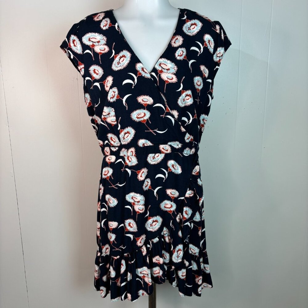 J. Crew Dress‎ 6 Blue Orange Floral Faux-Wrap Ruffle Short Sleeve Women's